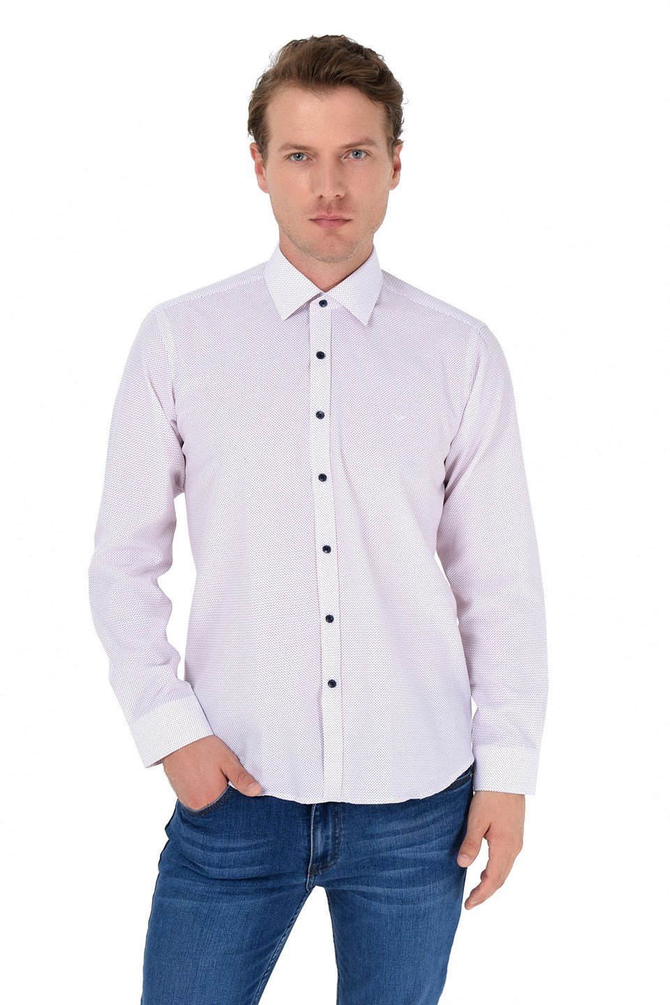  Morven Erkek Bordo Slim Fit Dar Kesim Puantiyeli Sert Yaka Uzun Kollu Gömlek