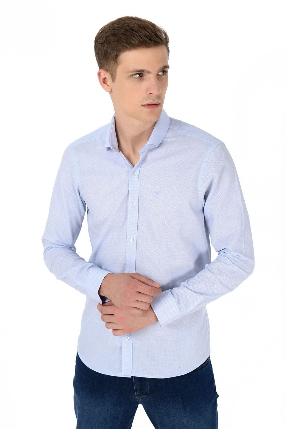  Morven Erkek Buz Mavisi Agrive %100 Pamuklu Slim Fit Dar Kesim Sert Yaka Uzun Kollu Gömlek