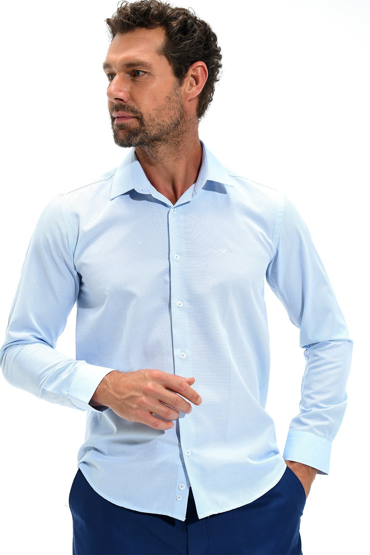  Morven Erkek Buz Mavisi Maine Slim Fit Dar Kesim Desenli Sert Yaka Uzun Kollu Gömlek