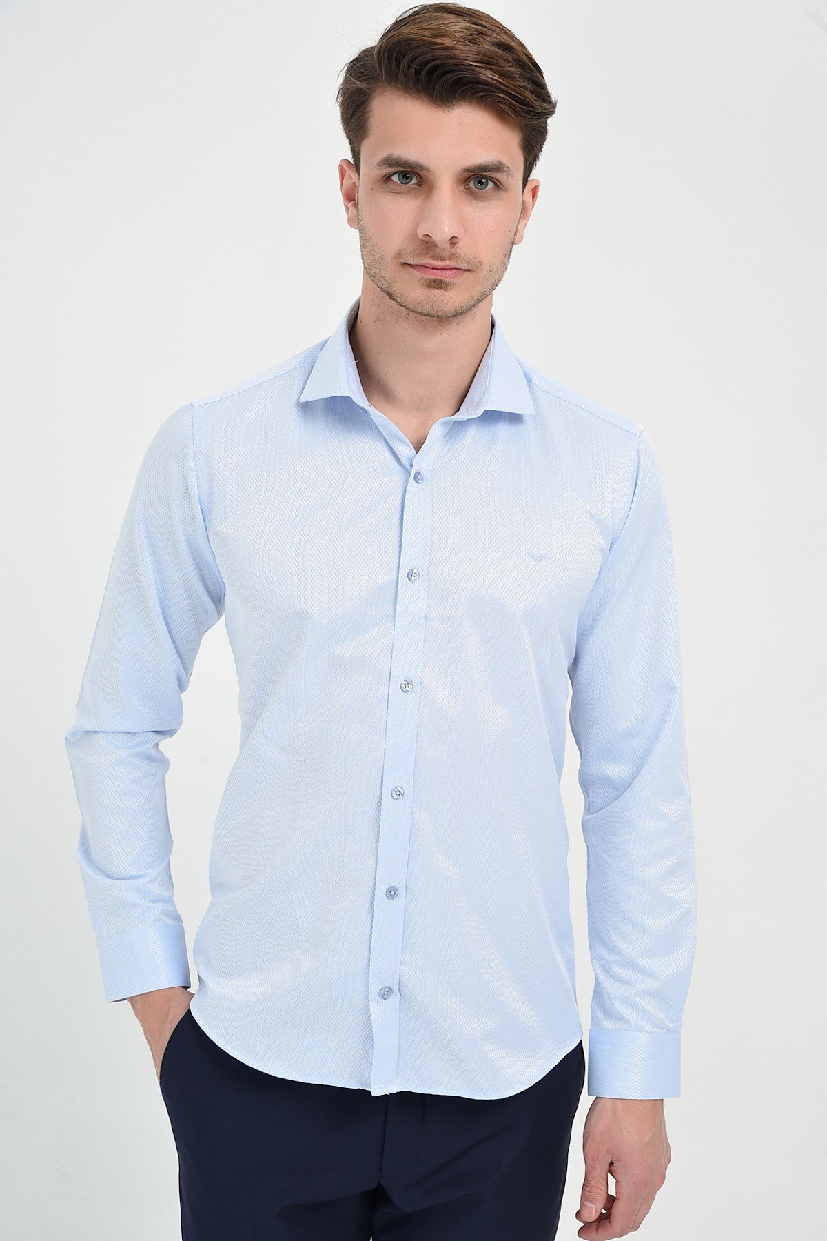  Morven Erkek Buz Mavisi Saldera Slim Fit Jakarlı İtalyan Yaka Uzun Kollu Gömlek