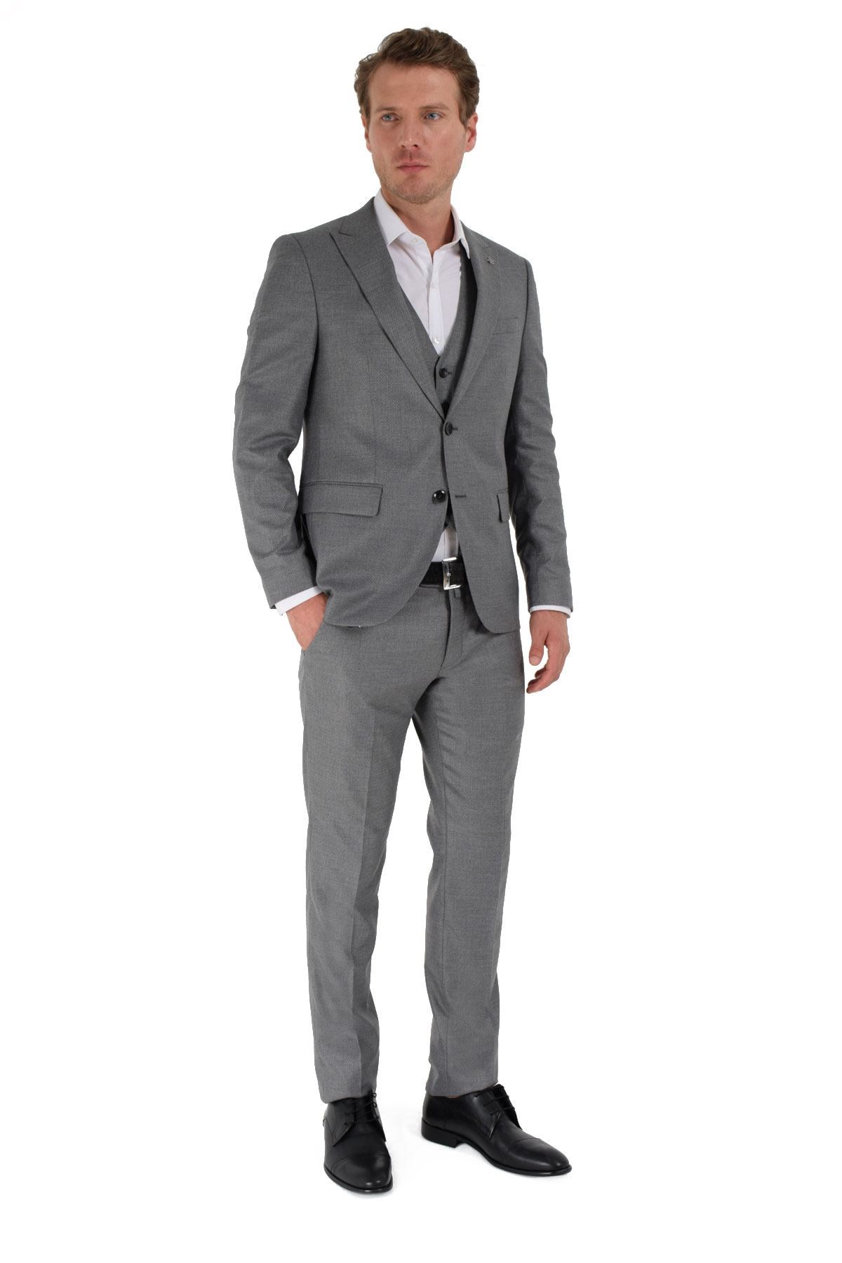  Morven Erkek Gri Berlin Slim Fit Dar Kesim Jakarlı Yelekli 6 Drop Takım Elbise