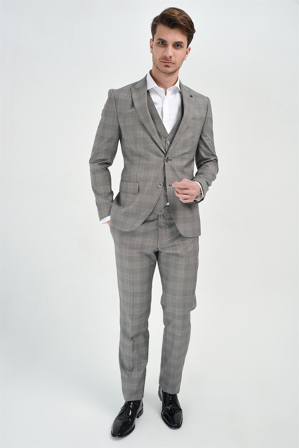  Morven Erkek Gri Kareli Slim Fit Dar Kesim Yelekli 6 Drop Takım Elbise