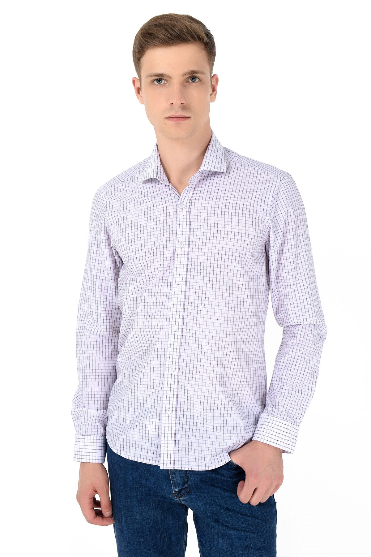  Morven Erkek Kırmızı Slim Fit Dar Kesim Kareli Sert Yaka Uzun Kollu Gömlek