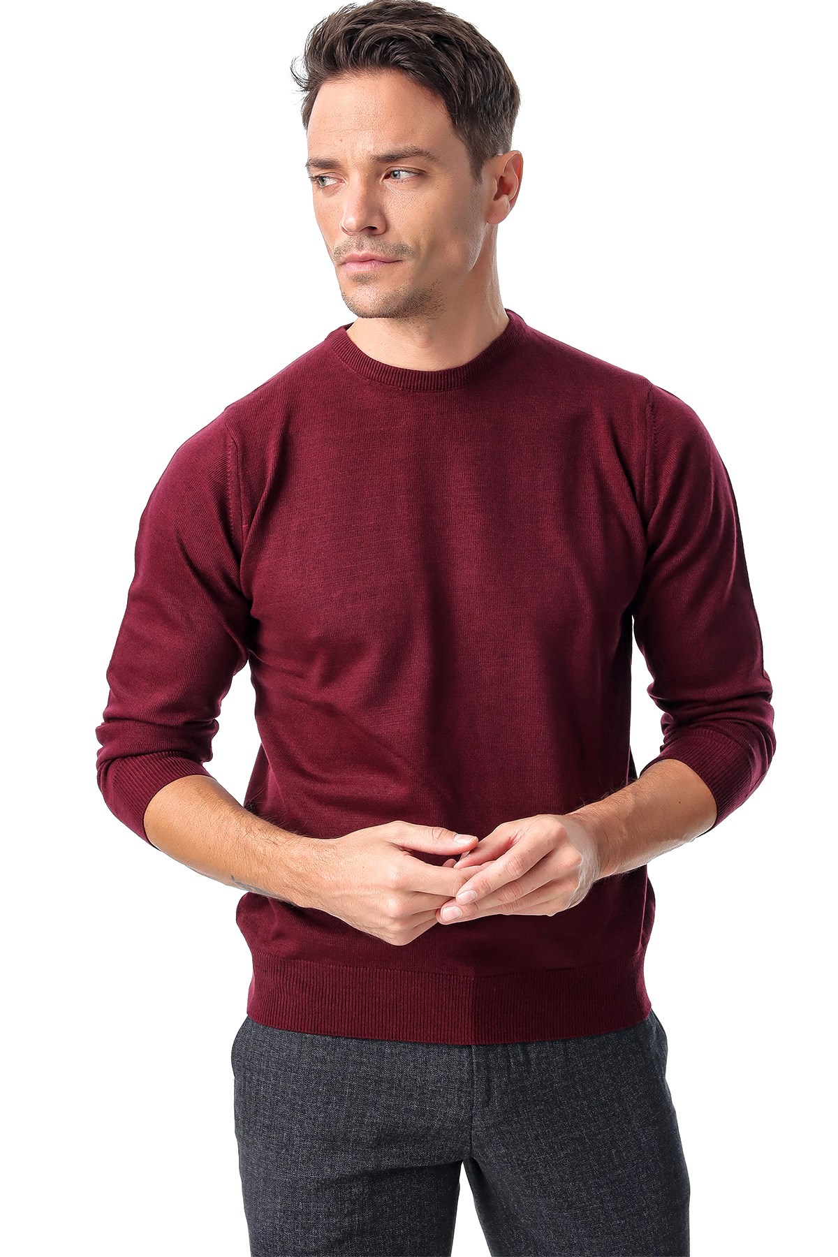  Morven Erkek Koyu Bordo Dinamik Fit Basic Bisiklet Yaka Triko Kazak