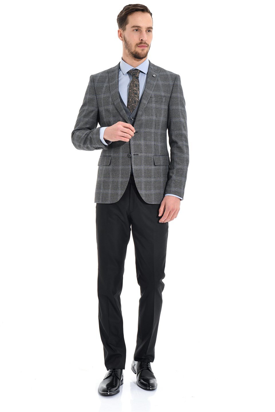  Morven Erkek Lacivert Kareli Slim Fit Dar Kesim Kombinli Yelekli 6 Drop Takım Elbise
