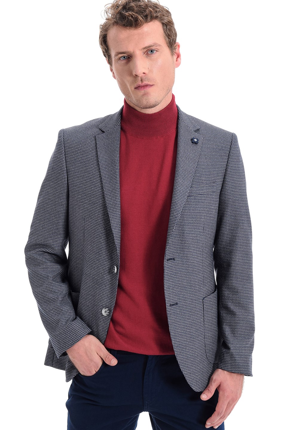  Morven Erkek Lacivert Leaf Slim Fit Dar Kesim Torba Cep Desenli 6 Drop Ceket
