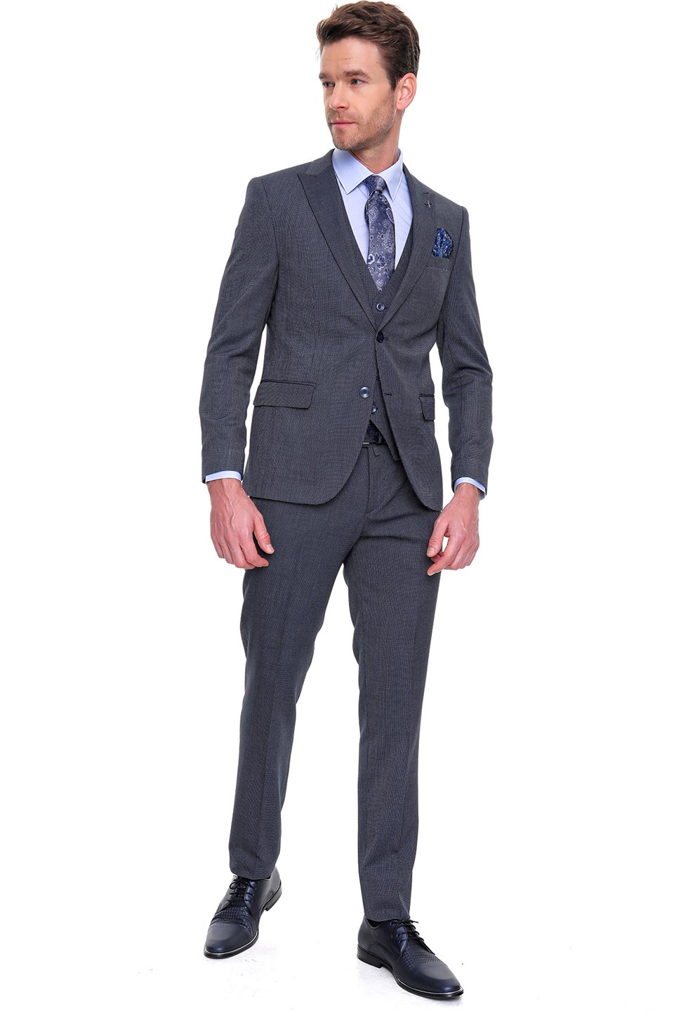  Morven Erkek Lacivert Persia Desenli Slim Fit Dar Kalıp Yelekli 6 Drop Takım Elbise