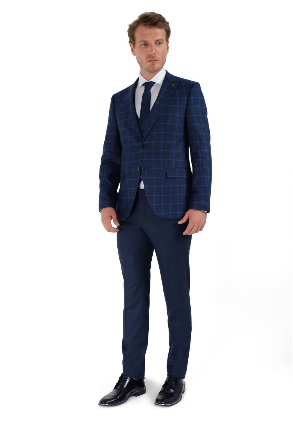  Morven Erkek Lacivert Rooney Slim Fit Dar Kesim Yelekli Kombin 6 Drop Takım Elbise