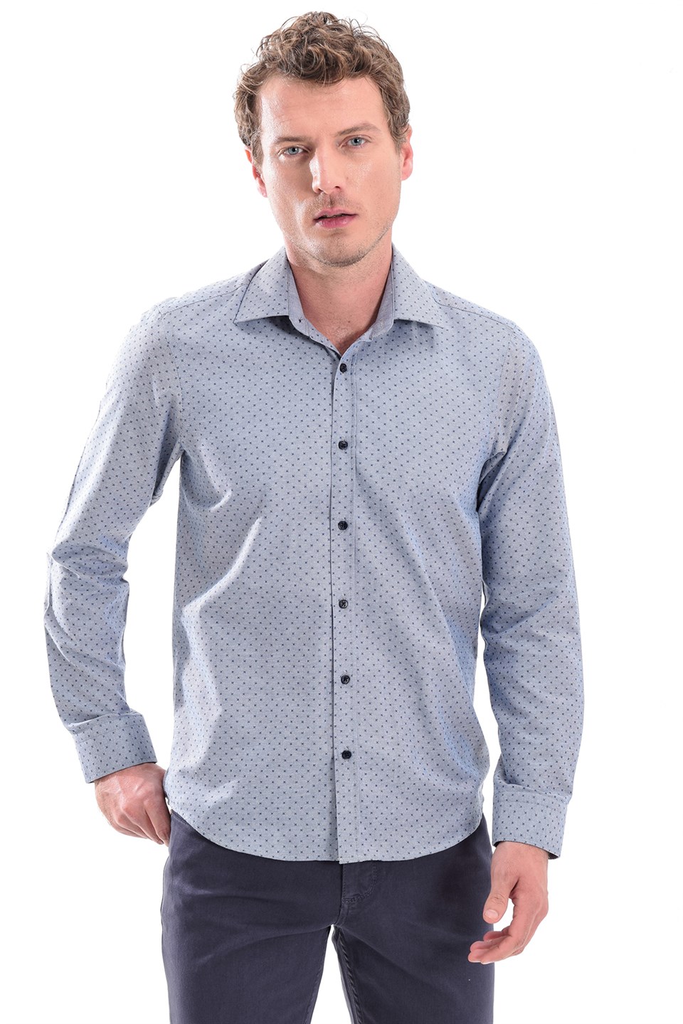  Morven Erkek Lacivert Saldera Ekstra Slim Fit Çok Dar Sert Yaka Düz Uzun Kollu Gömlek