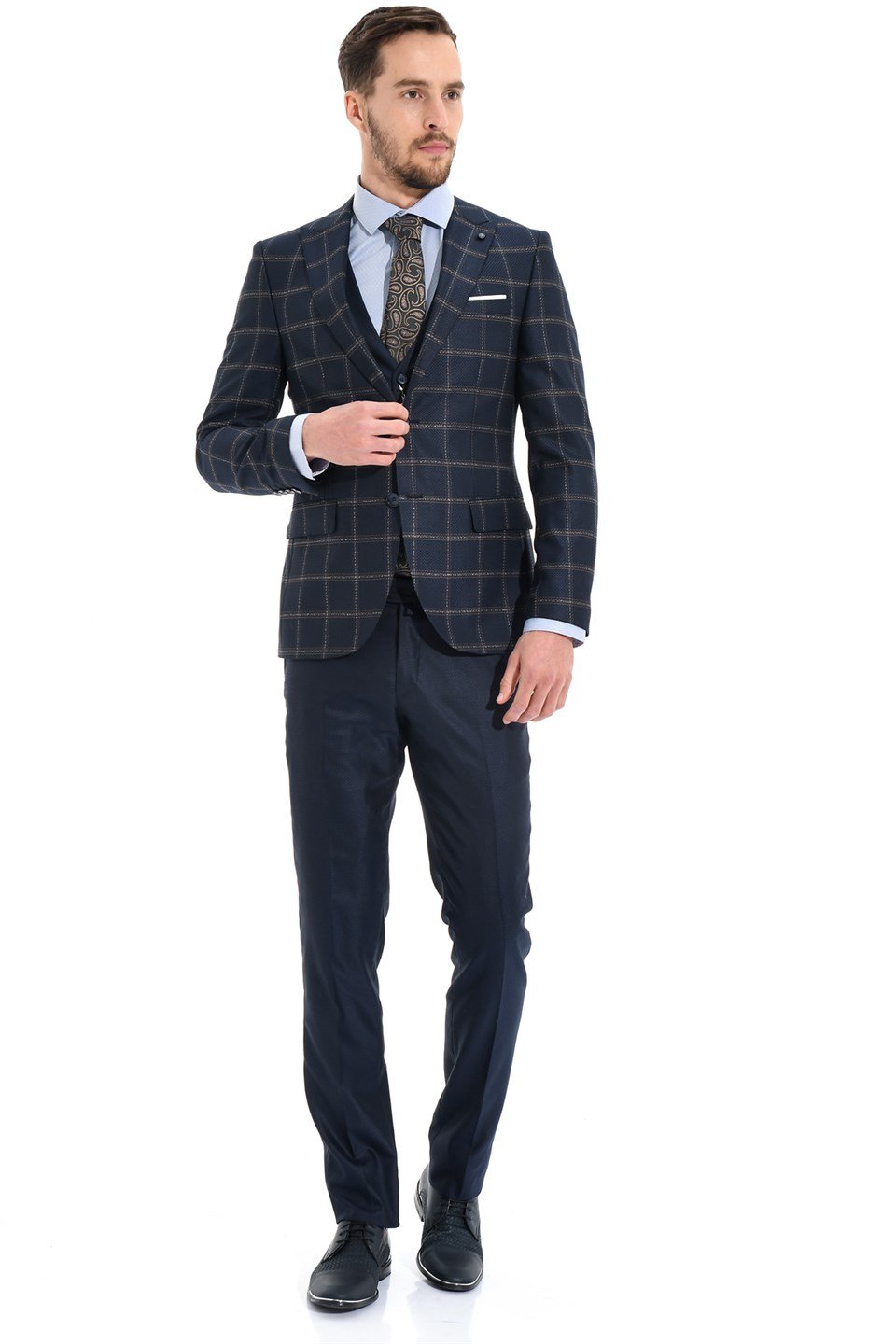  Morven Erkek Lacivert Tesutti Kareli Yelekli Kombinli Slim Fit Dar Kesim 6 Drop Takım Elbise