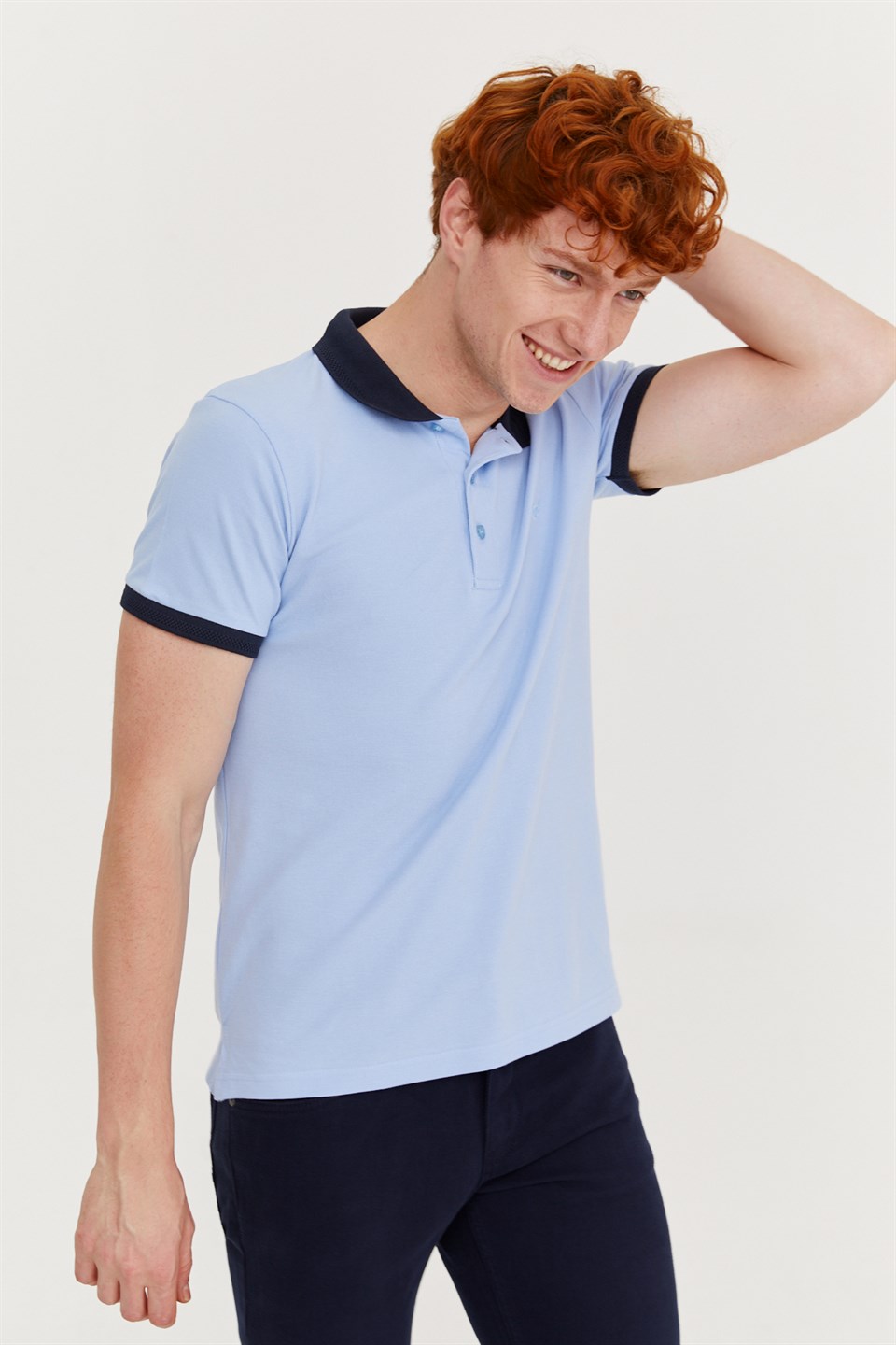  Morven Erkek Mavi Basic Polo Yaka Cepsiz Dynamik Fit Rahat Kesim T-Shirt