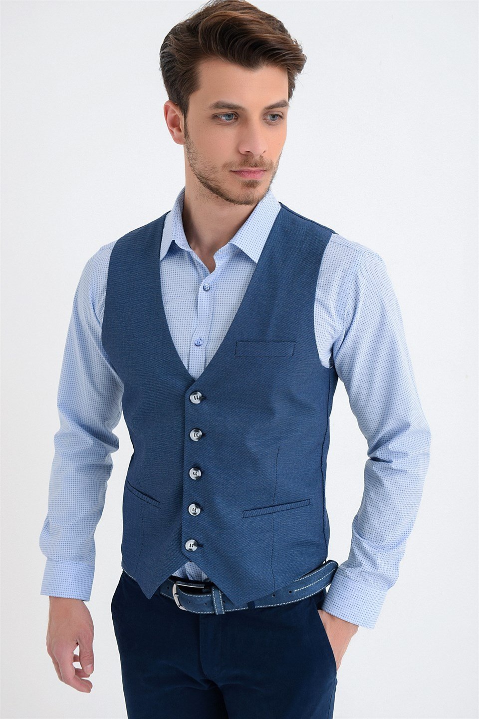  Morven Erkek Mavi Percia Slim Fit Dar Kesim Jakarlı V Yaka Yelek