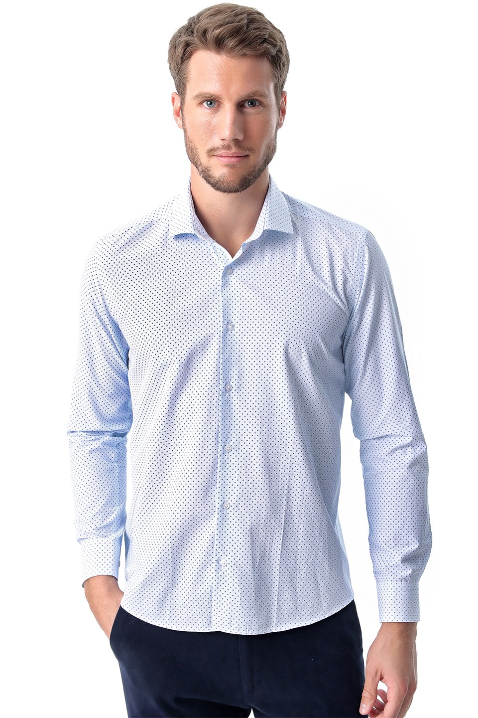  Morven Erkek Mavi Saldera Slim Fit Dar Kesim Baskılı İtalyan Yaka Uzun Kollu Gömlek