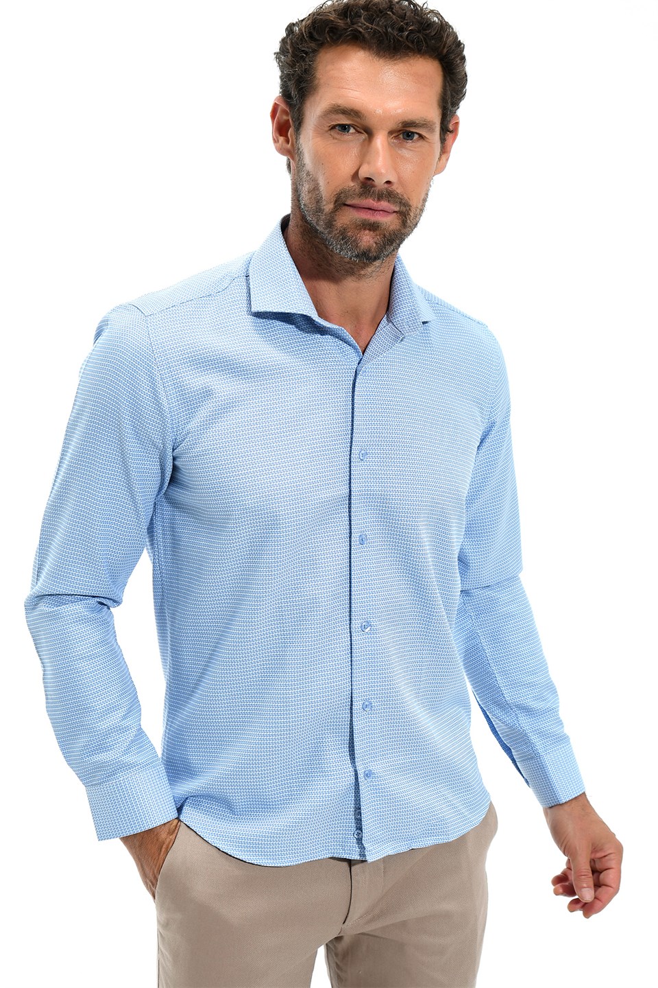  Morven Erkek Mavi Saldera Slim Fit Jakarlı İtalyan Yaka Uzun Kollu Gömlek