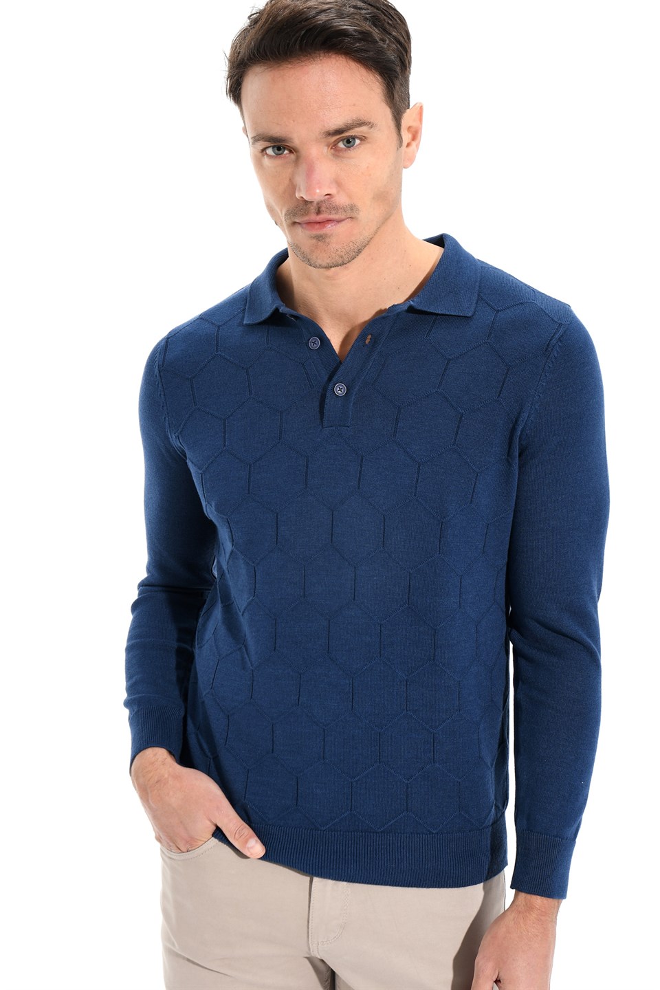  Morven Erkek Polo Düğmeli Yaka Dynamic Fit Rahat Kesim Petek Desenli Triko Kazak Saks Mavisi