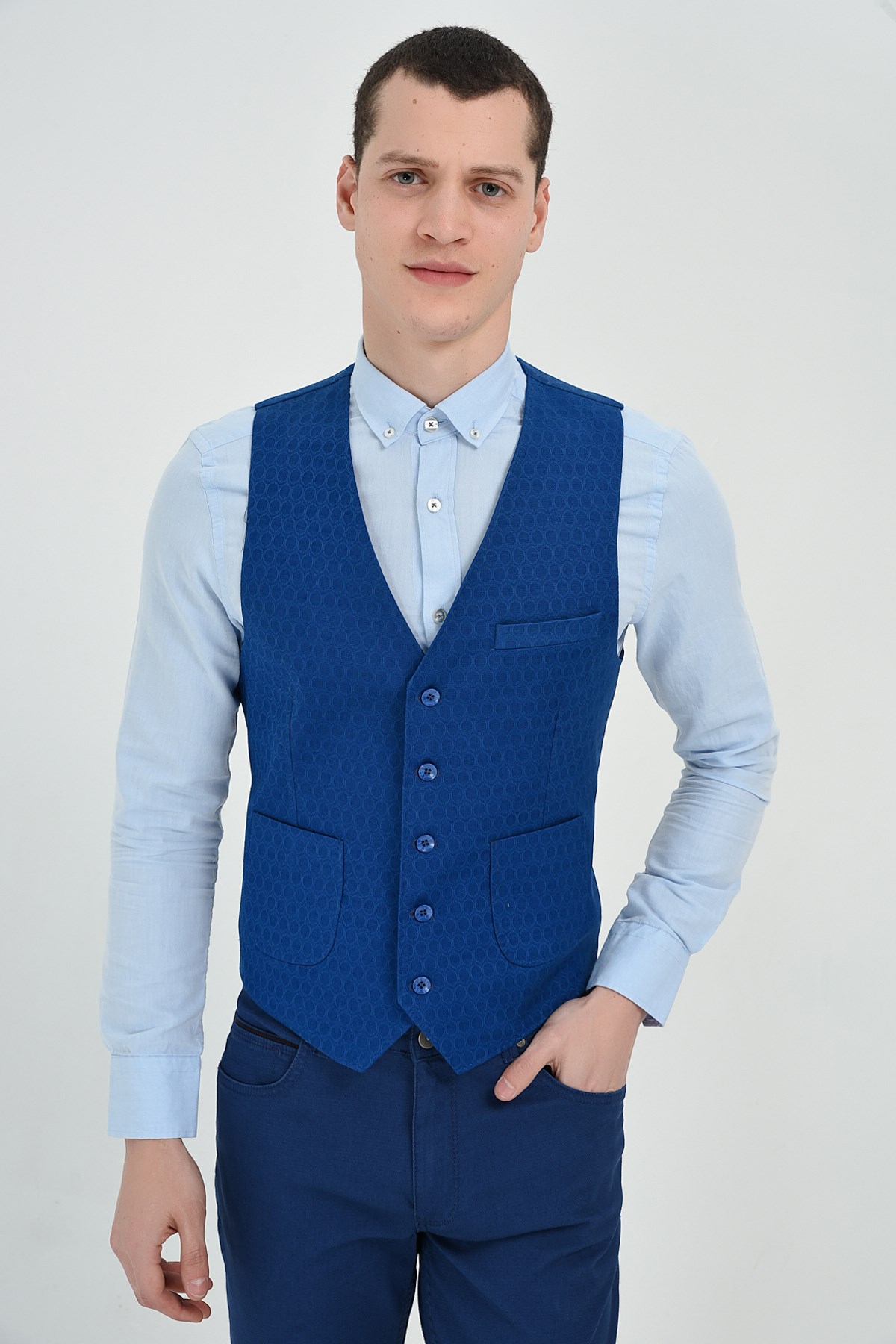  Morven Erkek Saks Mavisi Lost Slim Fit Jakarlı V Yaka Yelek
