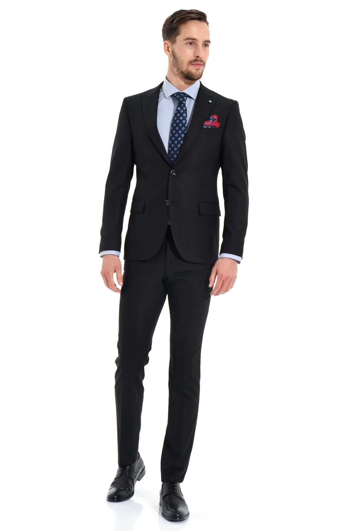  Morven Erkek Siyah Jakarlı Slim Fit Dar Kesim 6 Drop Takım Elbise