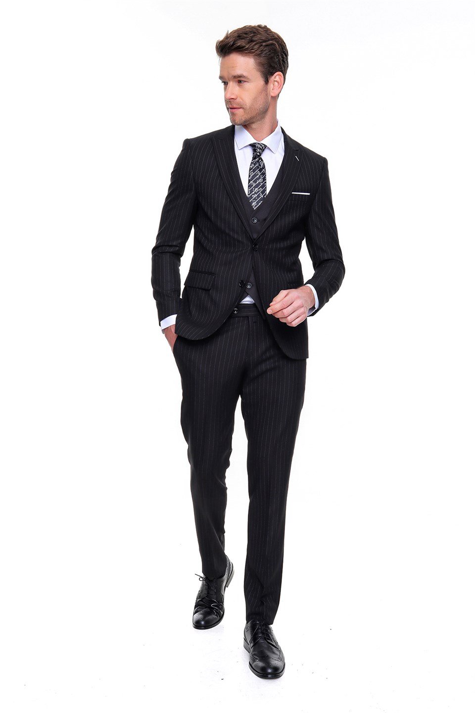  Morven Erkek Siyah Martez Çizgili Slim Fit Dar Kalıp Yelekli 6 Drop Takım Elbise