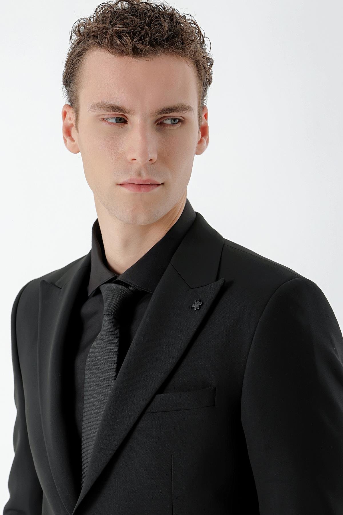 Erkek Siyah Basic Düz Slim Fit Takım Elbise (GÖMLEK,KRAVAT HEDİYE) - Takım  Elbise
