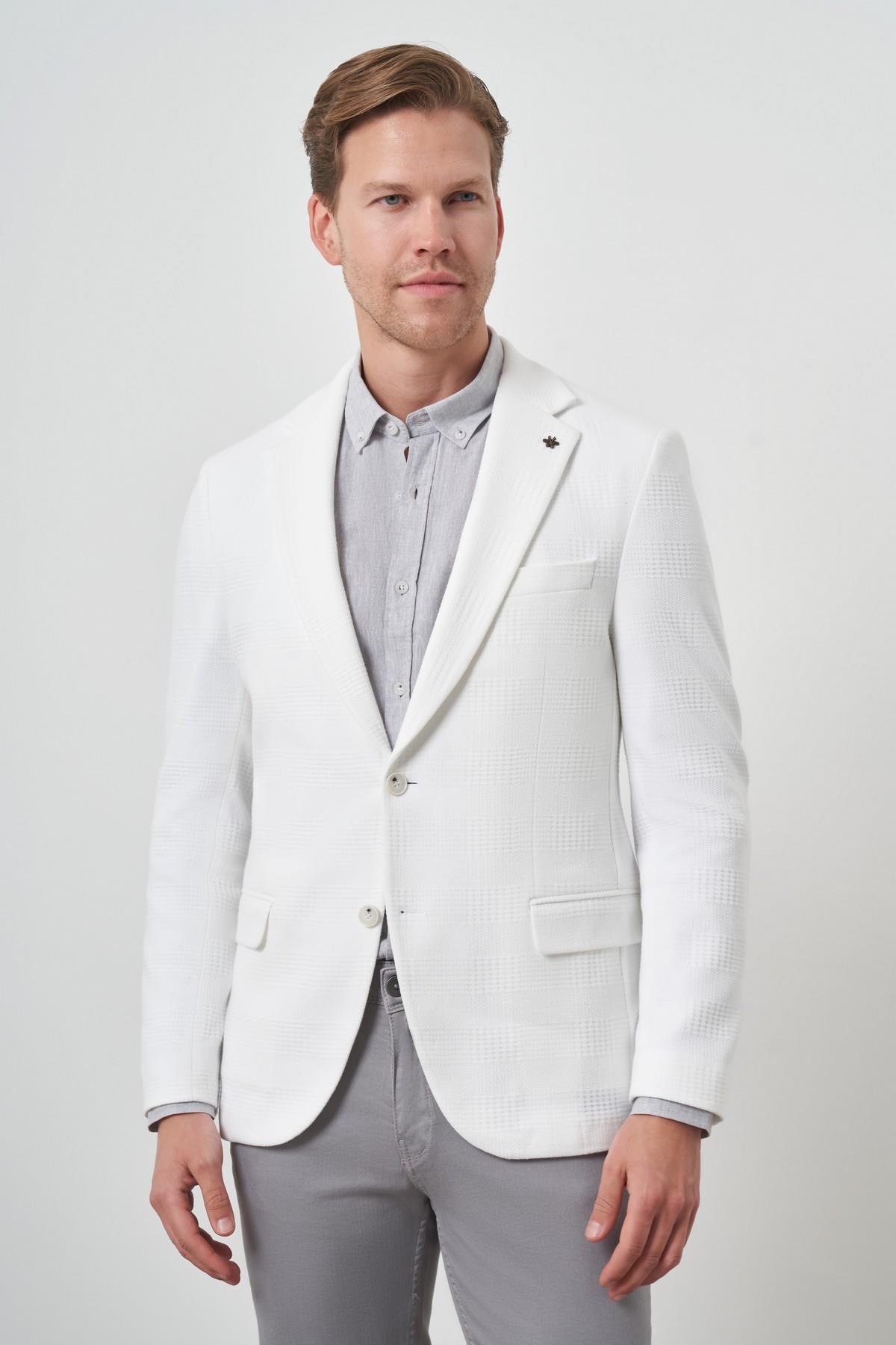 Morven Erkek Beyaz Örme Desenli Mono Yaka Slim Fit Ceket