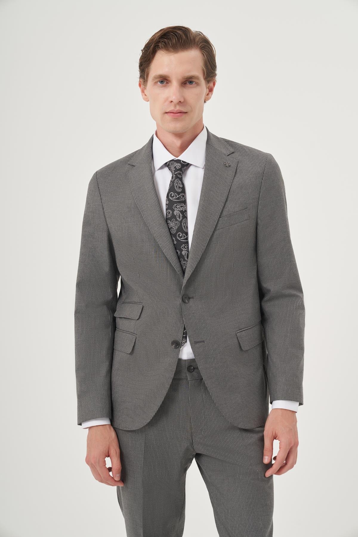 Morven Erkek Füme Poliviskon Trend Çizgili Slim Fit Mono Yaka Çift Kapak Cepli Takım Elbise