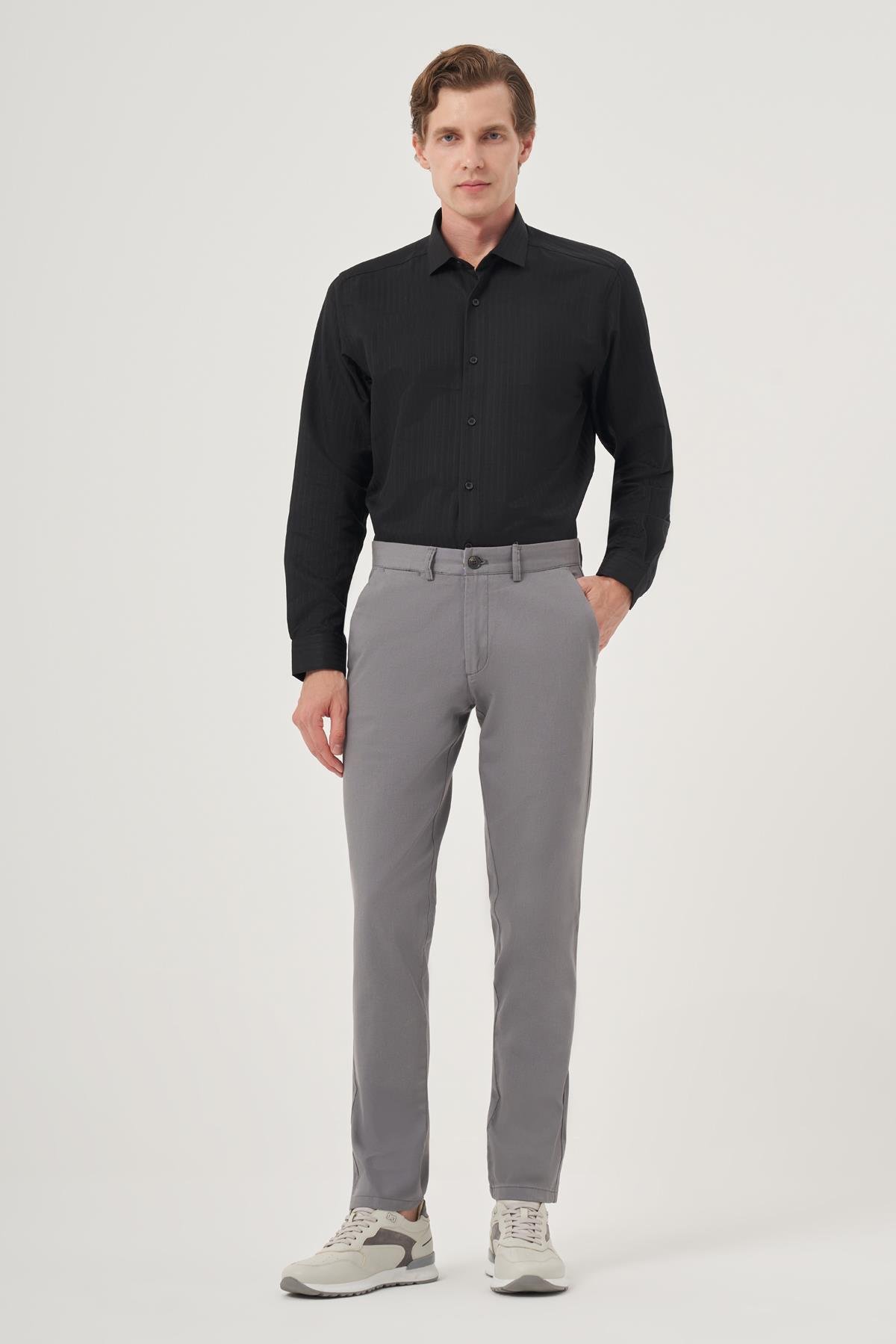 Morven Erkek Gri İhracat Yazlık Pamuk Yan Cep Slim Fit Chino Pantolon