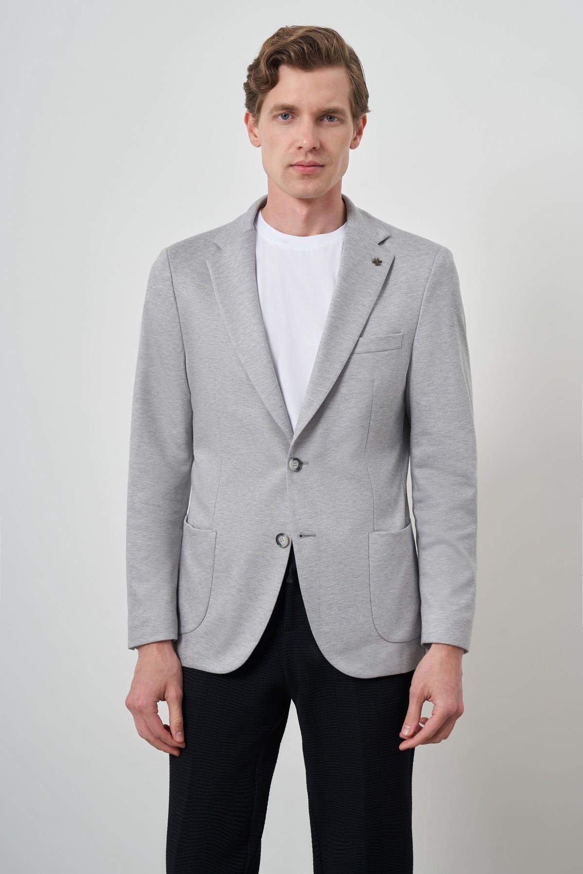 Morven Erkek Gri Örme Slim Fit Mono Yaka Ceket