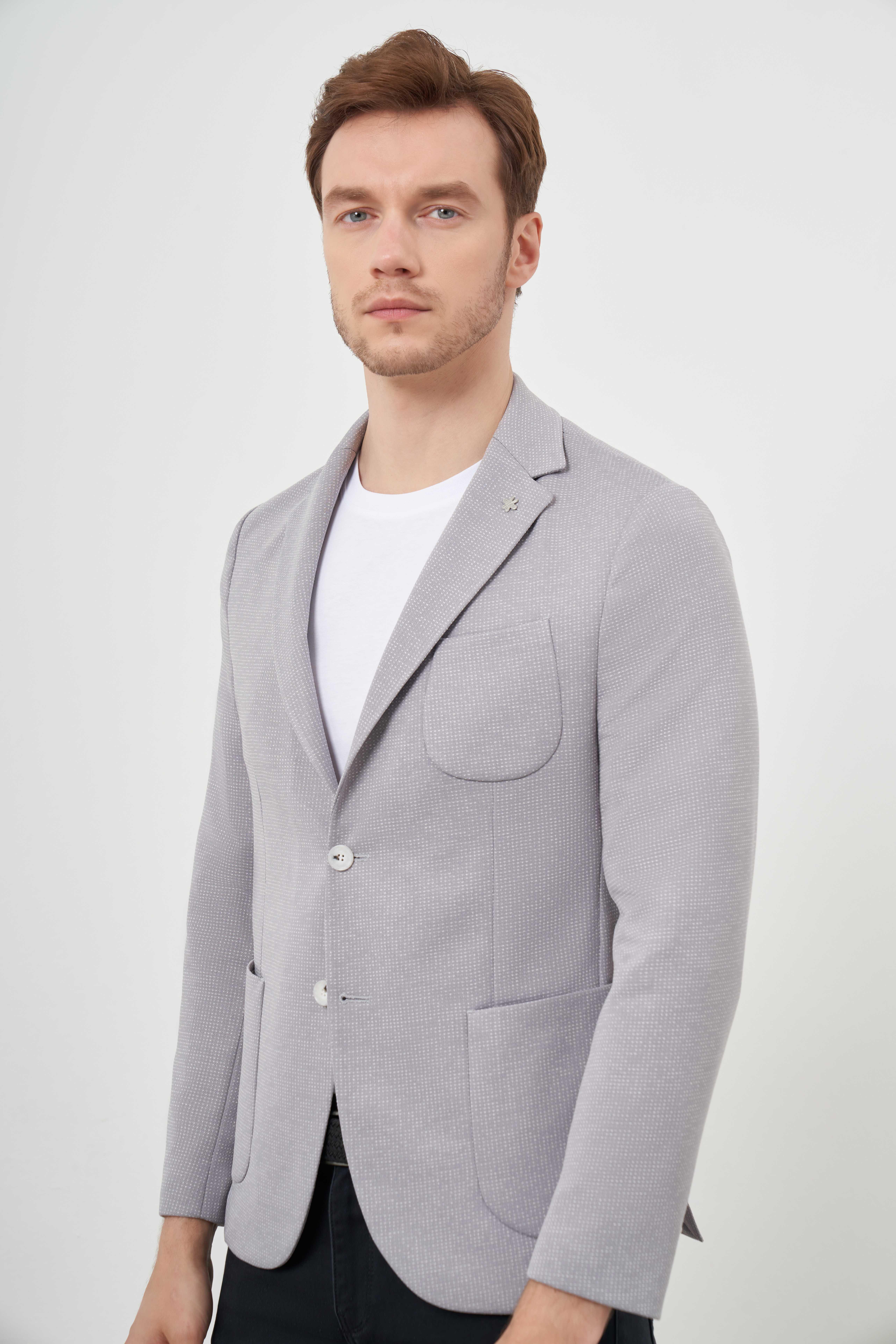Morven Erkek Gri Örme Slim Fit Torba Cep Mono Yaka Spor Ceket