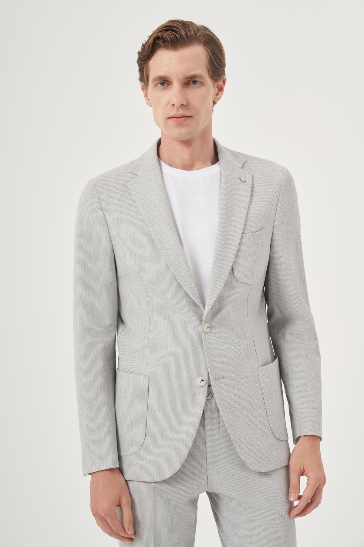 Morven Erkek Gri Poliviskon Trend Çizgili Slim Fit Mono Yaka Takım Elbise