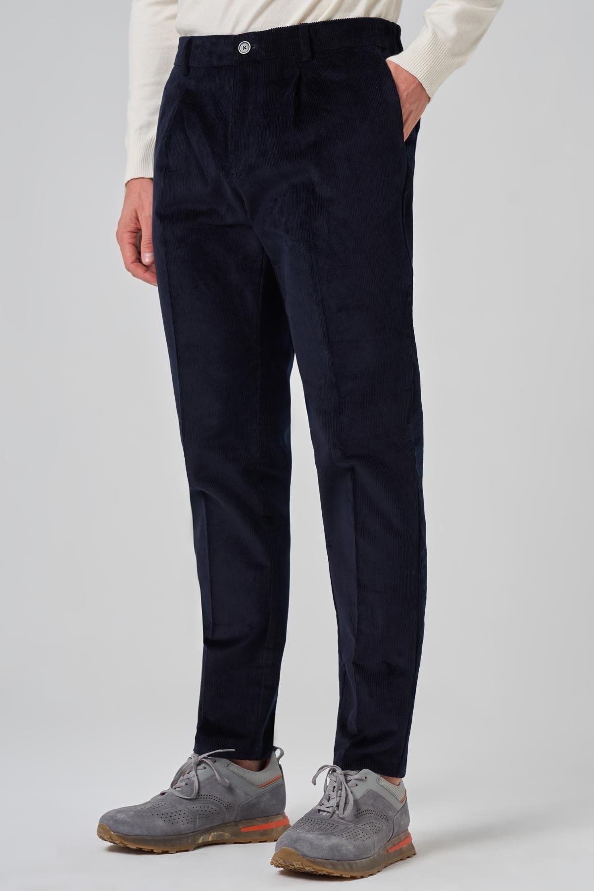 Morven Erkek Lacivert Pamuk Trend Fitilli Kadife Lastikli Slim Fit Pantolon