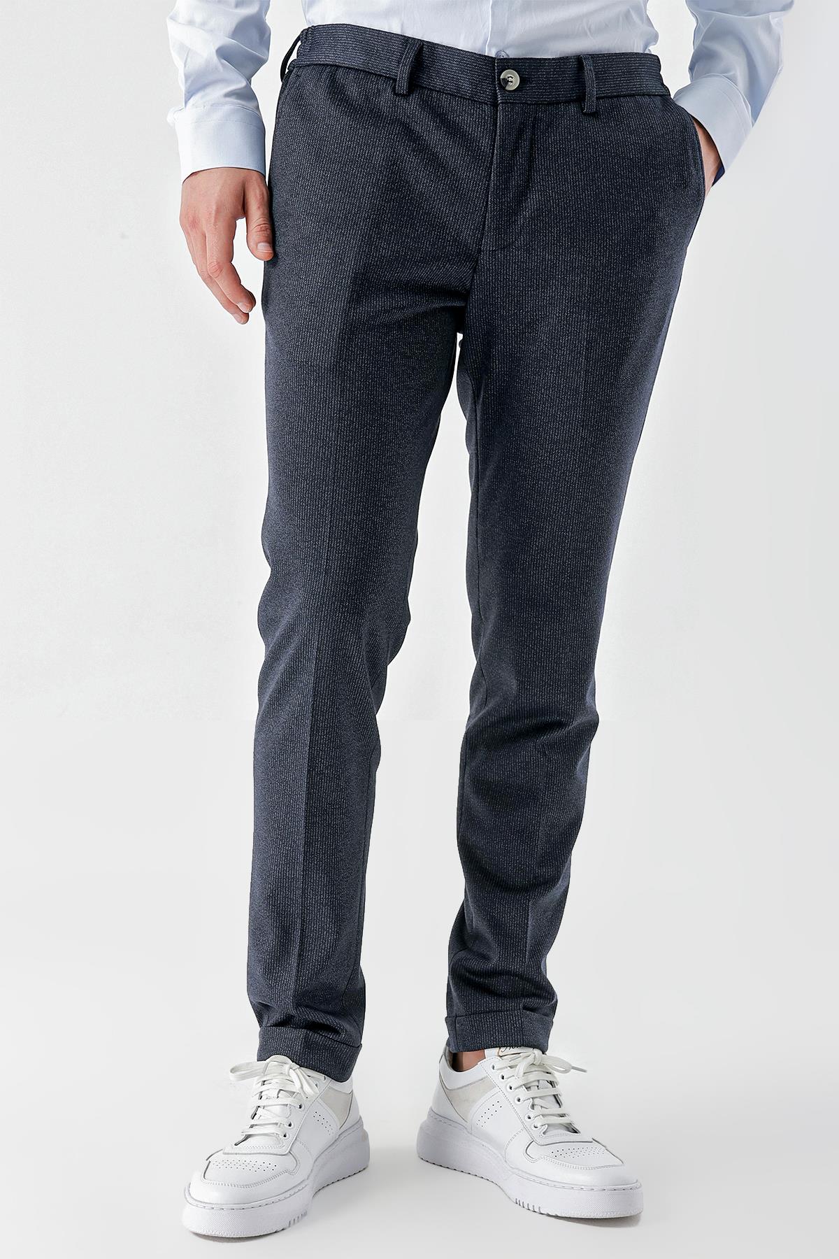 Morven Erkek Lacivert Poliviskon Trend Desenli Slim Fit Classic Pantolon
