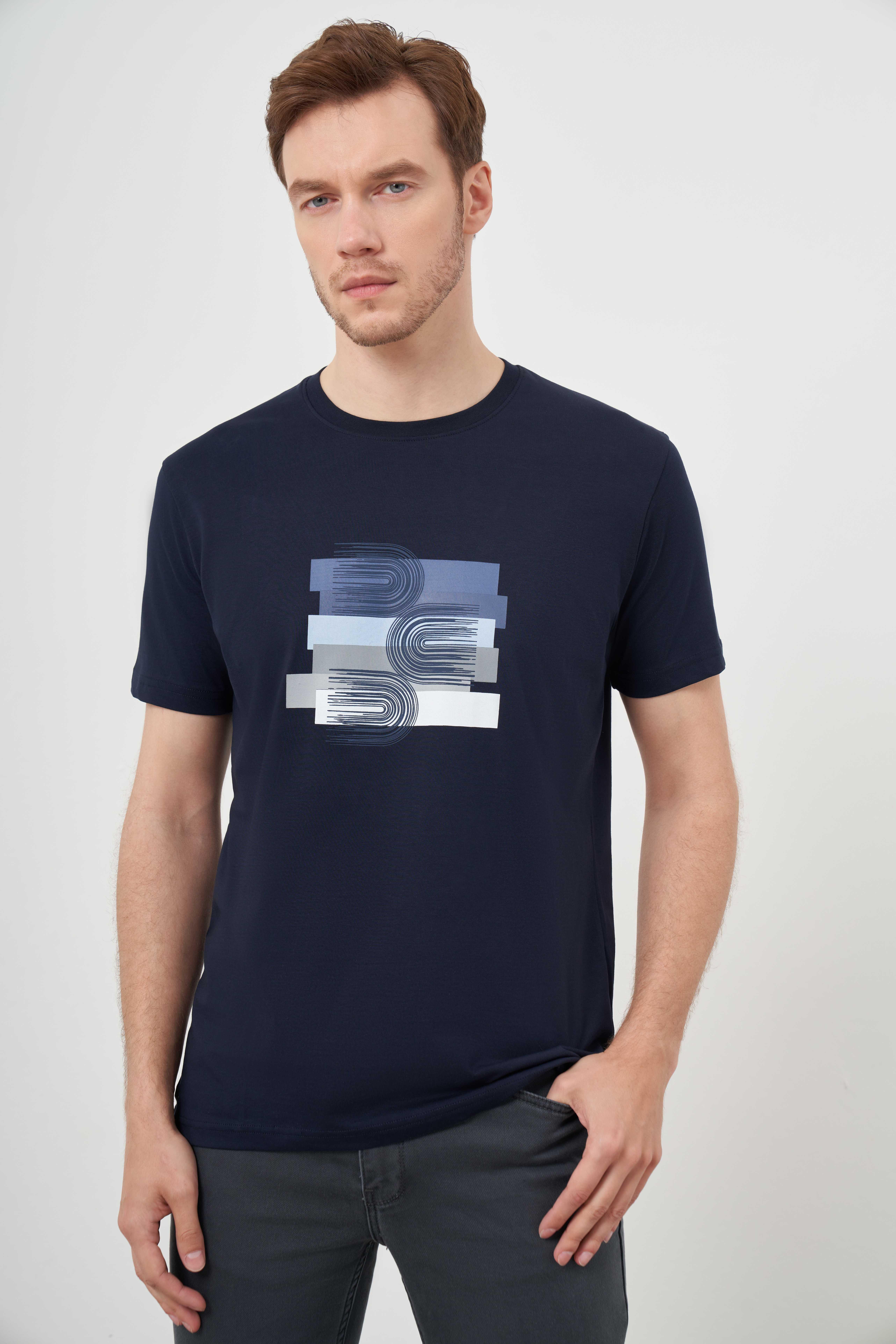 Morven Erkek Lacivert Trend Süprem Baskılı Bisiklet Yaka Dynamic Fit T-Shirt