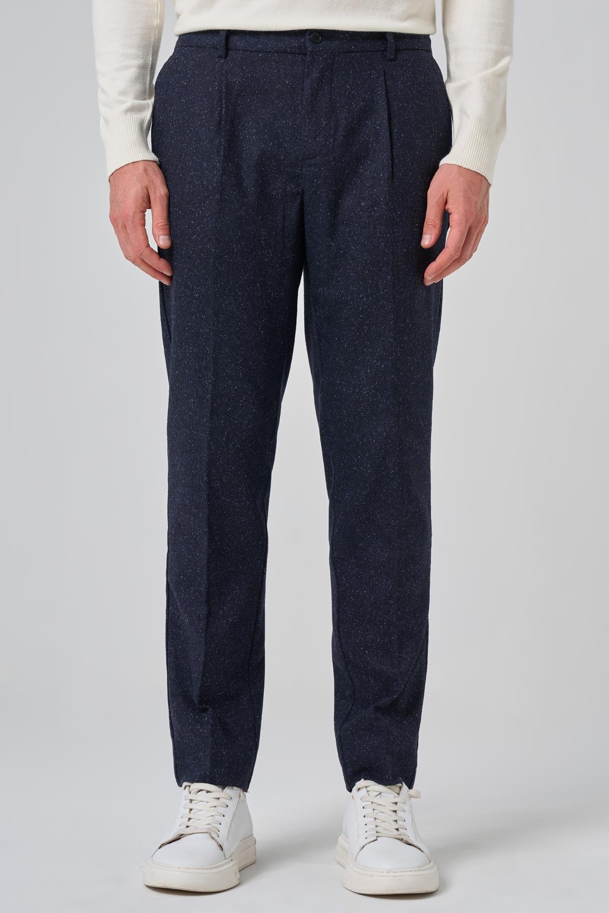 Morven Erkek Lacivert Yünlü Trend Desenli Slim Fit Pantolon