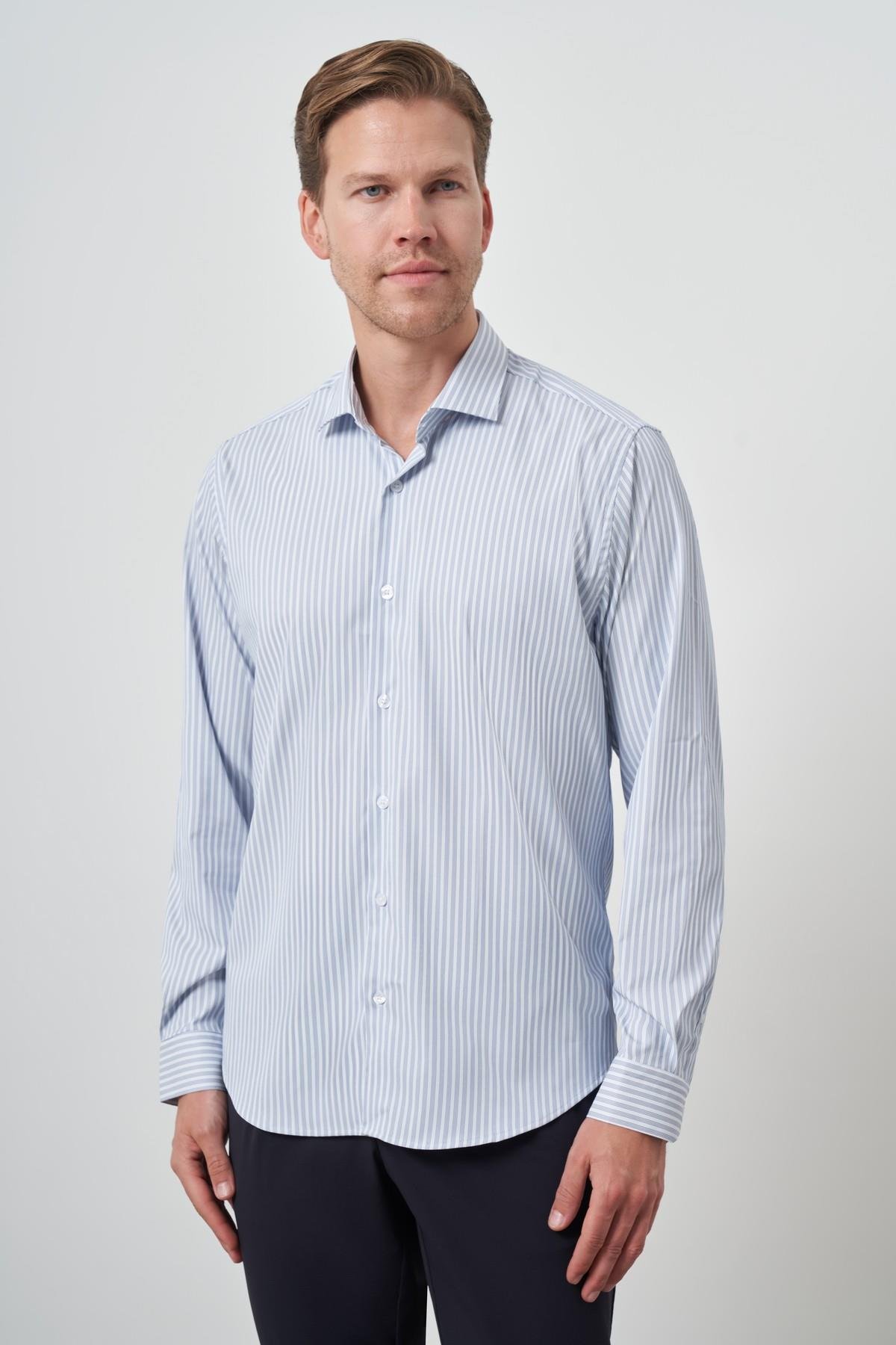 Morven Erkek Marine Çizgi Desen Trend Slim Fit Gömlek