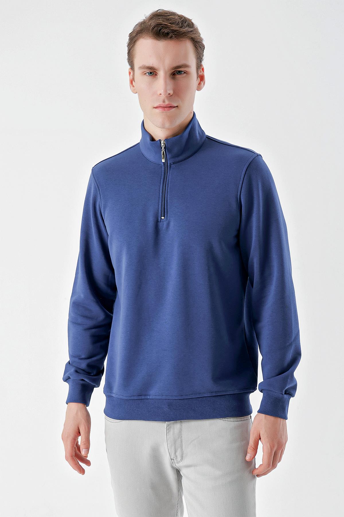 Morven Erkek Marine Trend Fermuarl Bato Yaka Sweat Shirt