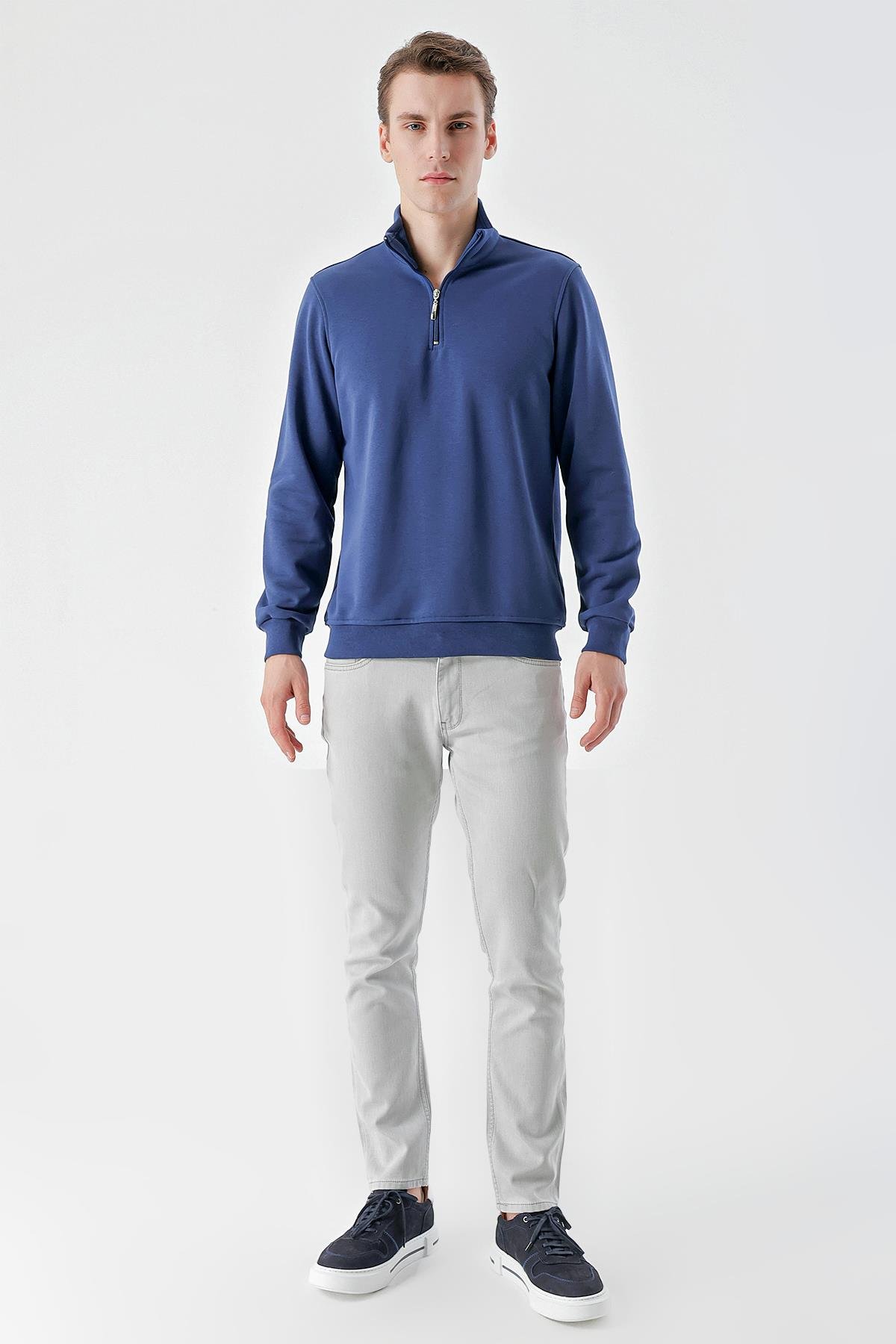 Morven Erkek Marine Trend Fermuarl Bato Yaka Sweat Shirt