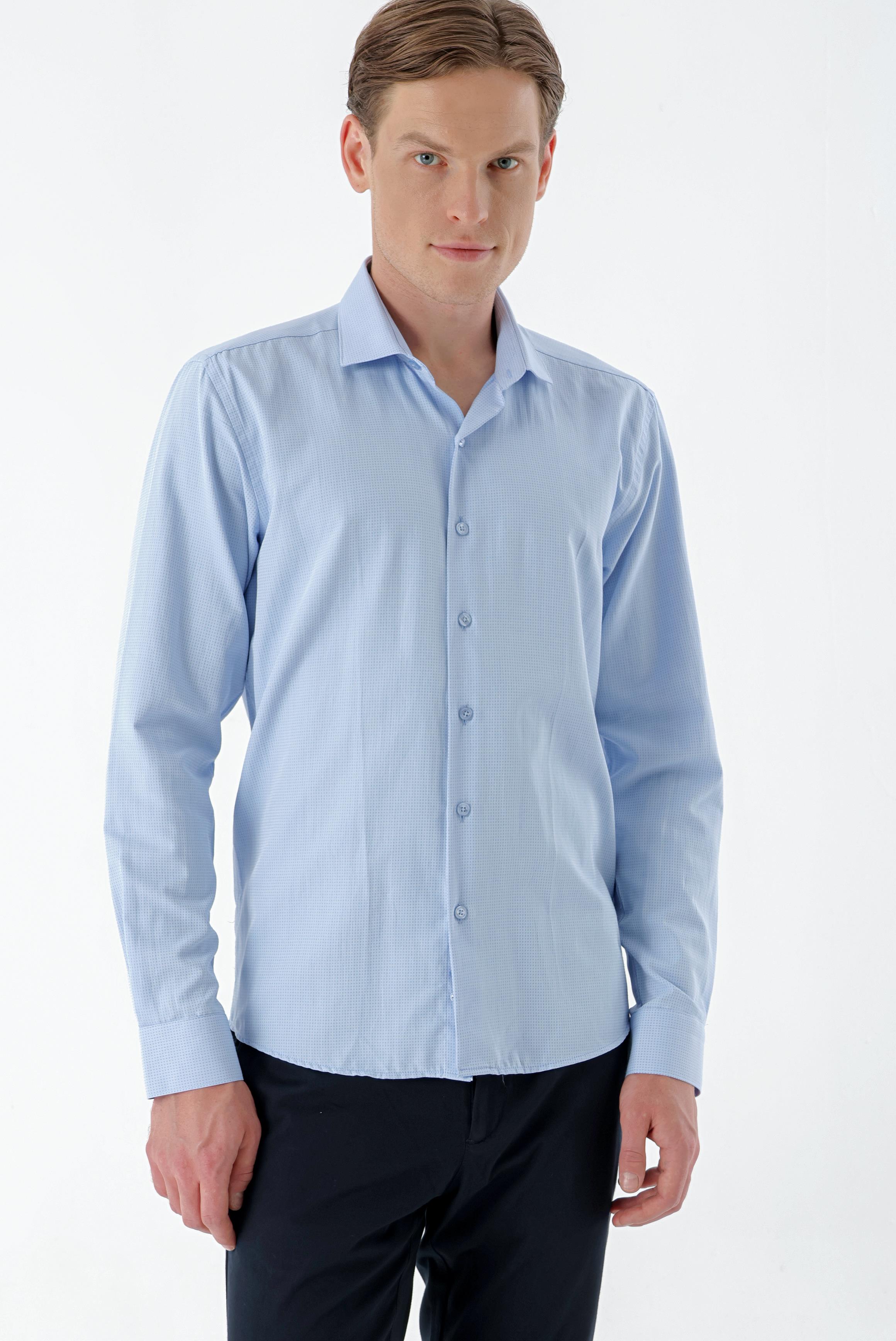 Morven Erkek Mavi Trend Baskılı Desenli İtalyan Yaka Slim Fit Gömlek