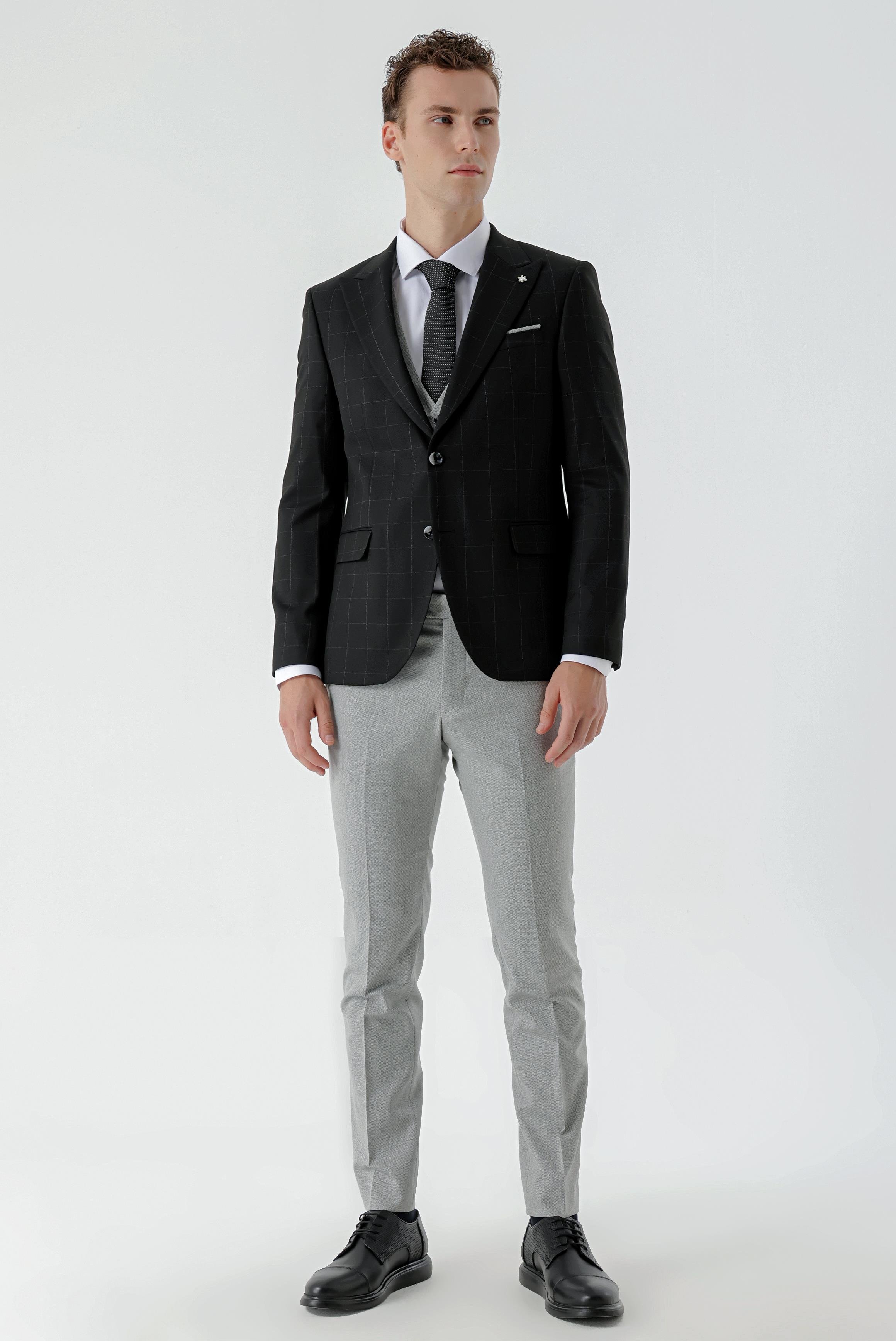 Morven Erkek Siyah Kareli Kombinli Slim Fit Takım Elbise