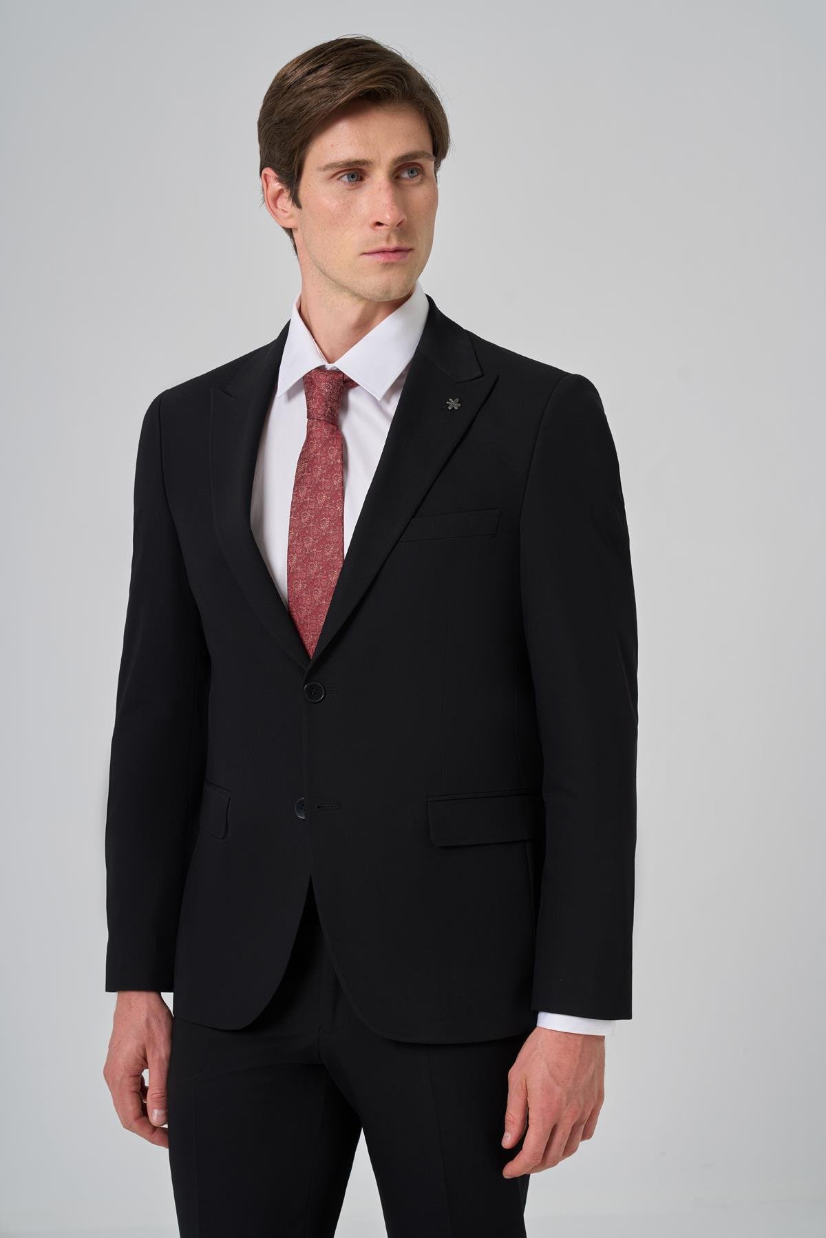 Morven Erkek Siyah Poliviskon Basic Slim Fit Sivri Yaka Takım Elbise