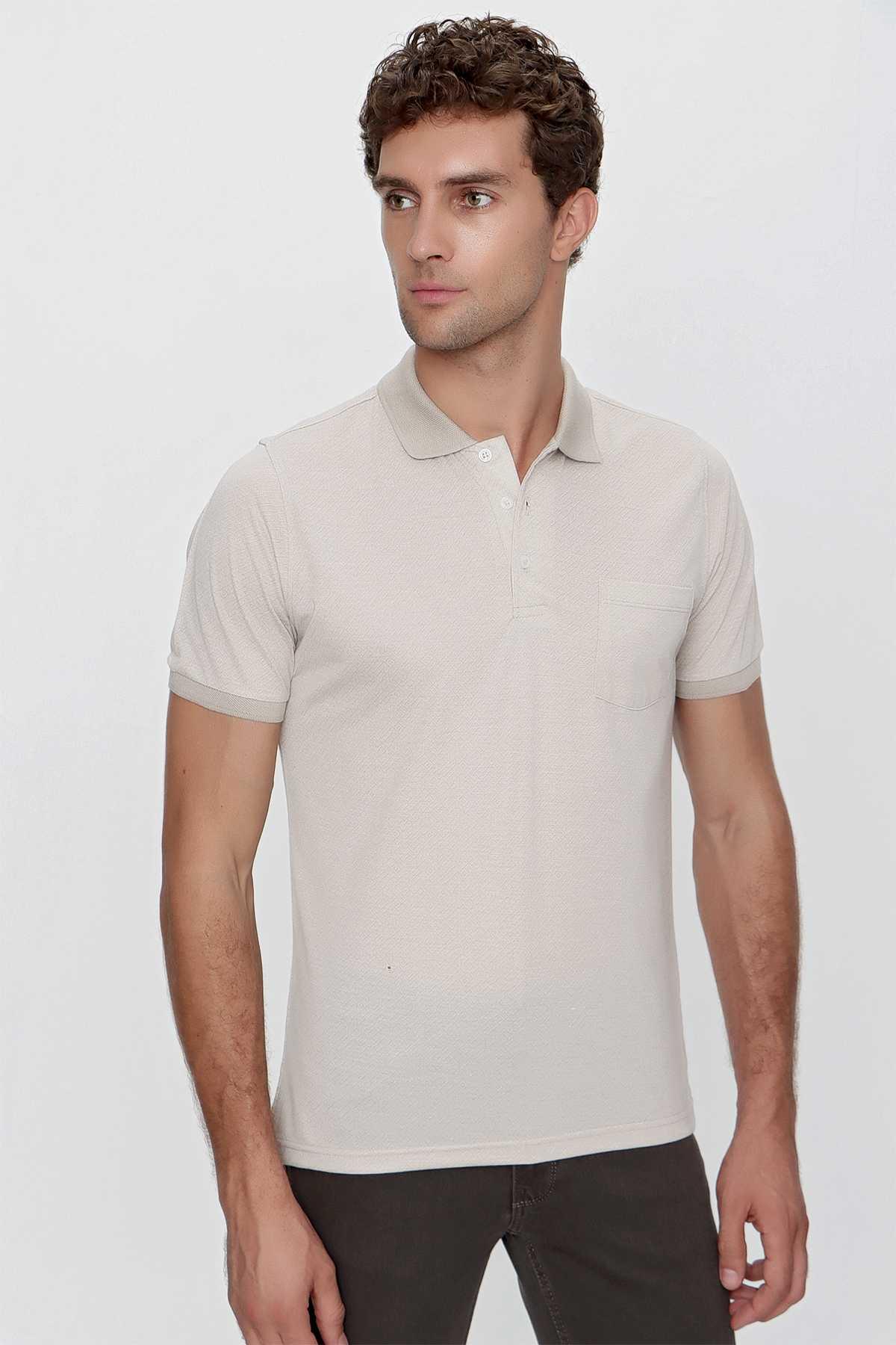 Morven Erkek Taş Polo Yaka Dynamic Fit Rahat Kesim Cepli Desenli Tişört
