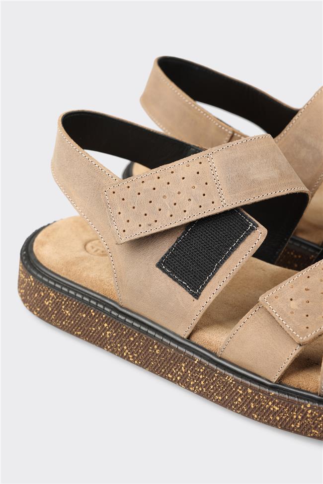 Bej Deri Erkek Sandalet