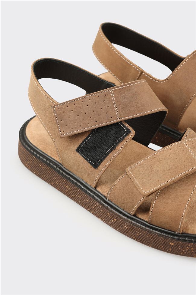 Bej Deri Erkek Sandalet
