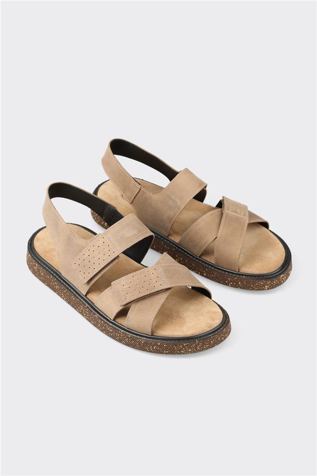 Bej Deri Erkek Sandalet