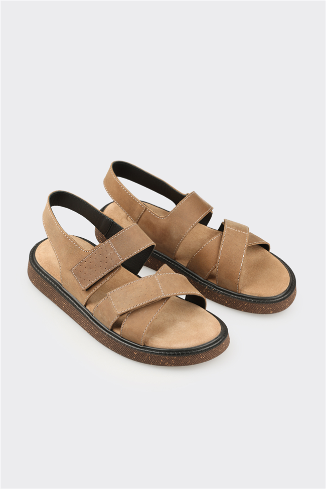 Bej Deri Erkek Sandalet