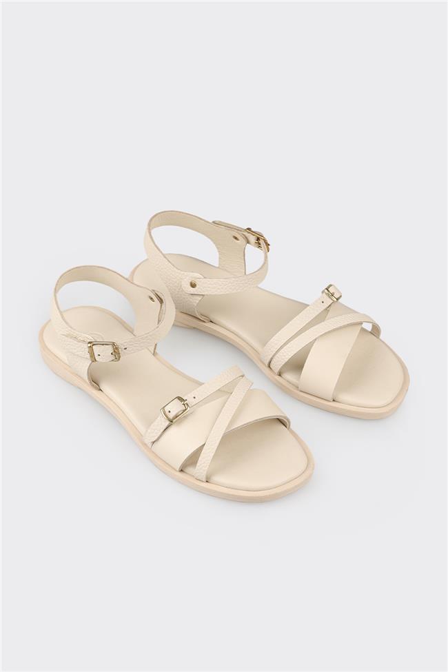 Bej Deri Kadın Düz Sandalet