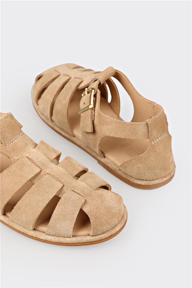 Bej Deri Kadın Düz Sandalet