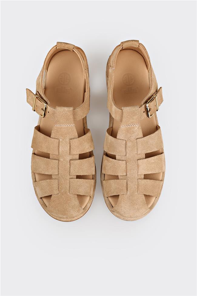 Bej Deri Kadın Düz Sandalet