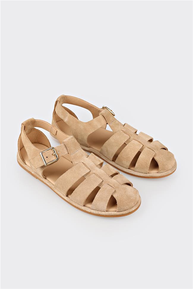 Bej Deri Kadın Düz Sandalet