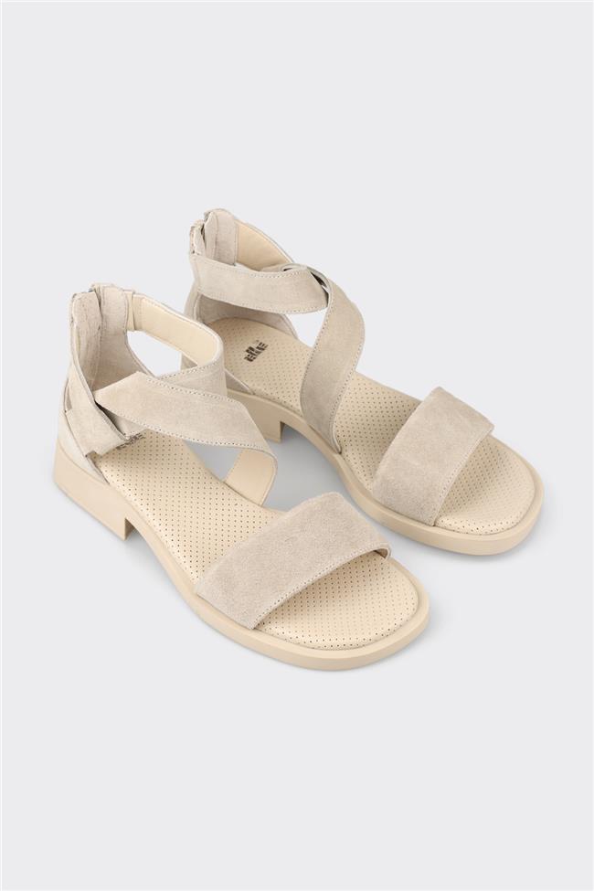 Bej Deri Kadın Düz Sandalet
