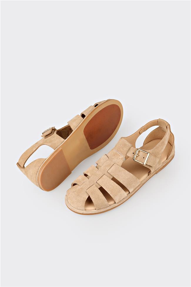 Bej Deri Kadın Düz Sandalet